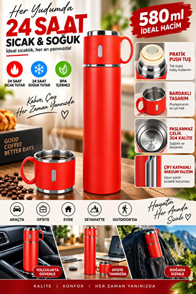 Tasarım Evi 24 Saat Sıcak Termos Bardak Çift Katmanlı Çelik 580 Ml Bardaklı T...