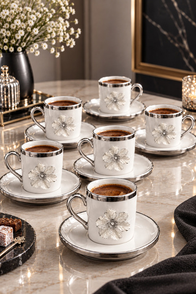 YzHome 6 Kişilik Gümüş Yaldızlı Porselen Lotus Çiçek Kahve Fincan Takımı 100ml
