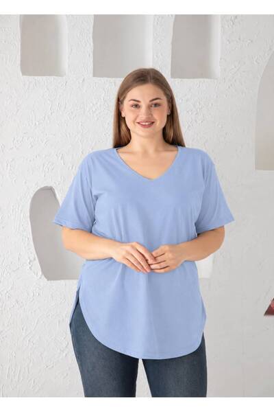 Orly More Women's V-Neck Plus Size T-Shirt with Slit and Stitched Hem