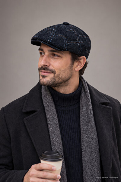 ZERAMİNE Erkek Ekose Kasket 8 Parça İngiliz Model Kışlık Kaşe Dokulu Newsboy ...