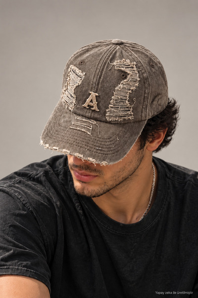 ZERAMİNE Brown Vintage Distressed Hat with Ripped Detail Unisex Adjustable St...