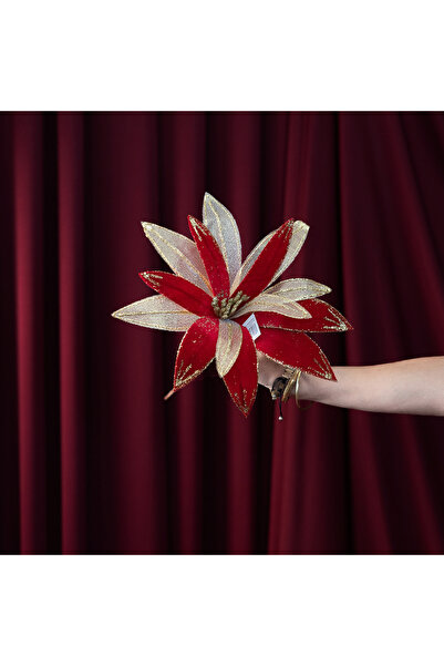 Dekorsende Artificial Glitter Daisy Ponsetia Branch Red Gold 38 cm