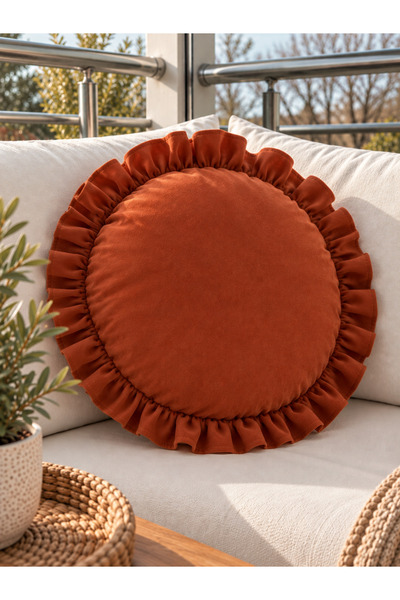 Decamor home İnci Vintage Fırfırlı Kiremit Yuvarlak Kırlent Iç Dolgulu