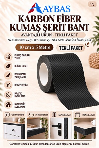 Aybas 10 cm x 5 Metre Siyah Karbon Fiber Desenli Yapışkanlı Kumaş Bant – Kend...