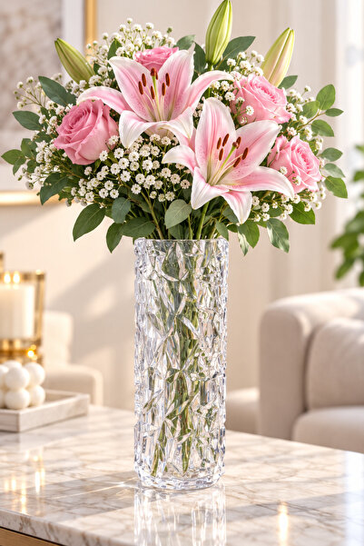 ÇİÇEKFABRİKA Kristal Desenli Şeffaf Mika Vazo 24 cm – Çok Amaçlı Dekoratif Dü...