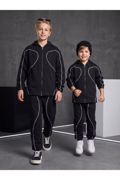 Zekids Erkek Çocuk Kontrast Biyeli Fermuarlı Kapüşonlu Eşofman Takımı