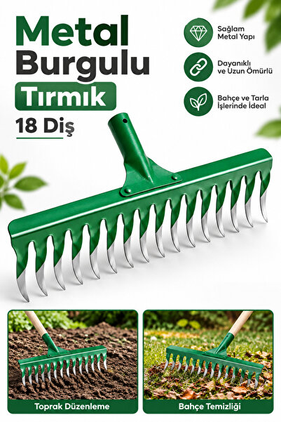 NUBLADO Metal Burgulu Bahçe Tarla Tırmık 18 Diş Çim Peyzaj Yaprak Ot Saman Te...