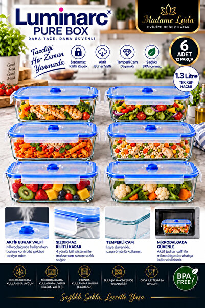Luminarc Pure Box 1220 ML / 1.3 Litre 6'lı Saklama Kabı Seti | Sızdırmaz Kili...