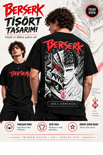 FG KONNİCHİWA Berserk Anime T-Shirt – Guts Printed Black Oversize Crew Neck T...