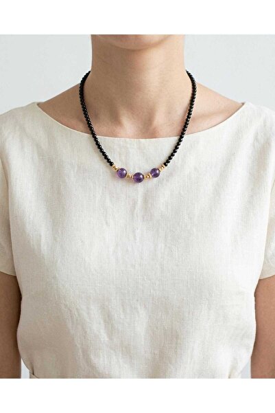 elinasaccessories Onyx Amethyst Natural Stone Necklace 40 cm Handmade Black P...