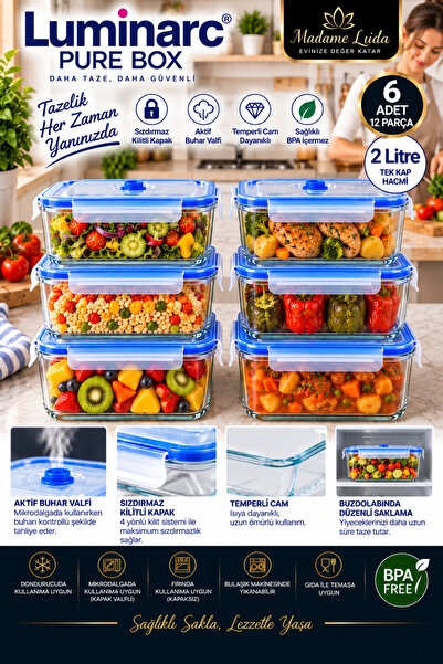 Luminarc Pure Box 1970 ML / 2 Litre 6'lı Saklama Kabı Seti | Sızdırmaz Kilitl...