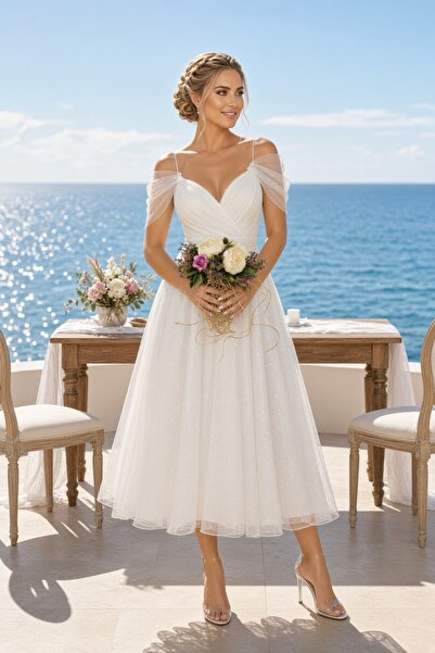 FaBe Fashion İP ASKILI DÜŞÜK KOLLU KRUVAZE YAKA BELİ BÜZGÜLÜ MİDİ BEYAZ SİMLİ...