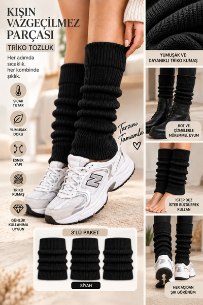 mrm pro Kışlık Kadın Tozluk Pamuk Örgü Triko Baldır Isıtıcı Leg Warmer 3-Çift