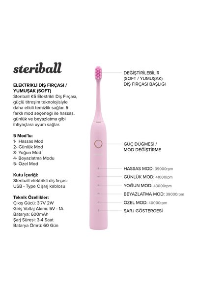 Steriball Elektrikli Diş Fırçası Pembe - 5 Farklı Mod; Değiştirilebilir Fırça Başlığı; Type-c şarj