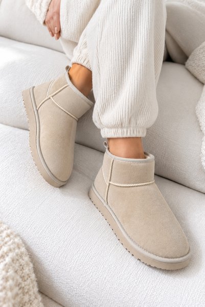 FootFrenzy Women's Suede Fur Lined Low Sole Short Ankle Women's Boots&Bootie Beige