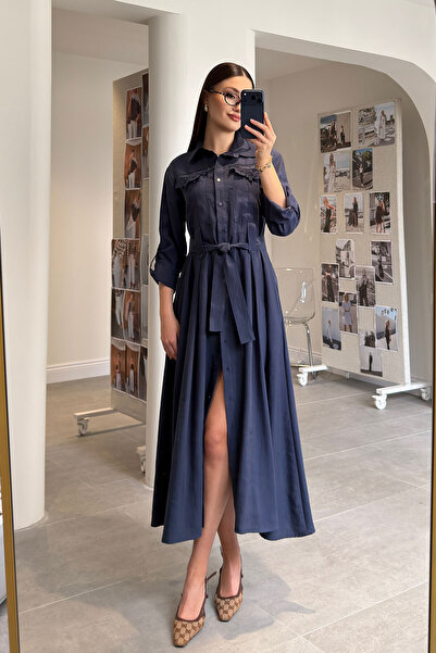 MAGARDE Eyelet Embroidery Pocket Detail Dress- Dark Blue