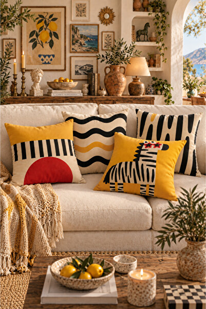 SasoHome Modern Geometrik & Zebra Desen Enerjik & Şık Salon Dekoru 4 lü Kırlent Kılıfı