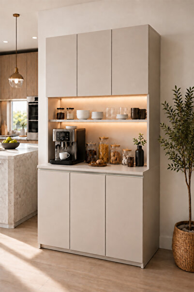 Avmpark Dolce 3 Kapaklı Airfry Dolabı Kahve Köşesi Led Işıklı Çok Amaçlı Dolap 208 cm Vizon