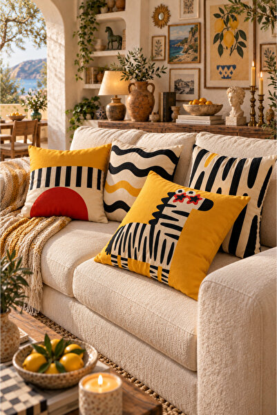 SasoHome Modern Geometrik & Zebra Desen Enerjik & Şık Salon Dekoru 4 lü Kırlent Kılıfı
