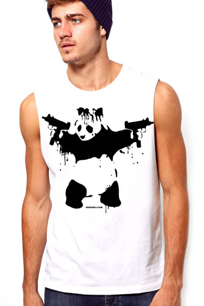 ROCKANDROLL Panda White Cut-Off Sleeve with Uzi Gun | Sleeveless Men's T-shir...