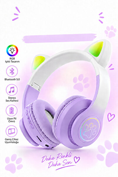 VOOKA Çocuk Bluetooth Kulaklık Kedi Kulaklık Pro 5.0 Akıllı Rgb Led Detaylı B...