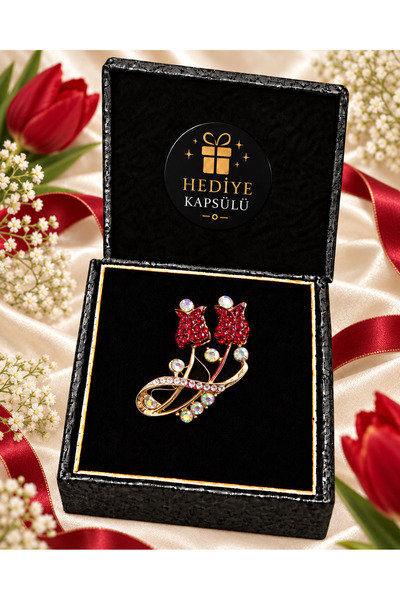 PULİNİN DÜKKANI Kırmızı Gül Broş – Şık Tasarım Taşlı Rose Brooch | Hediye Kut...