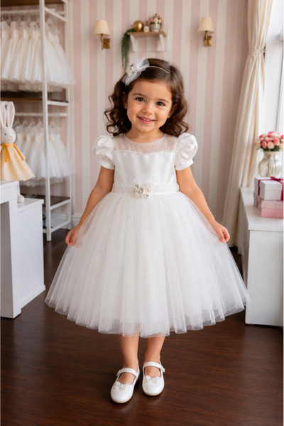 sunshine boutique15 فستان مناسبات ابيض مع تل من سنتين ل٦ سنوات - 6 سنوات الطو...