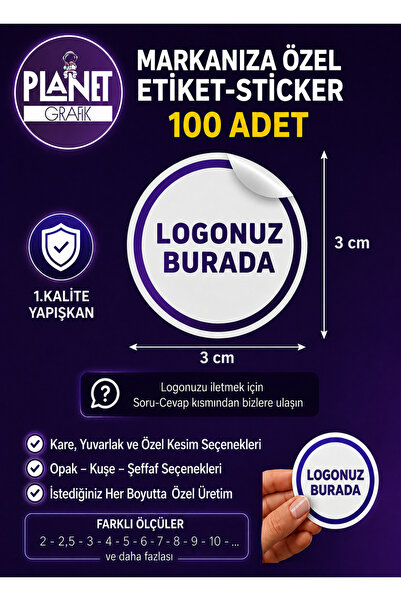 Planet Grafik Logo Sticker 3CM (Kişiye Özel) 100 Adet Yapışkanlı Etiket