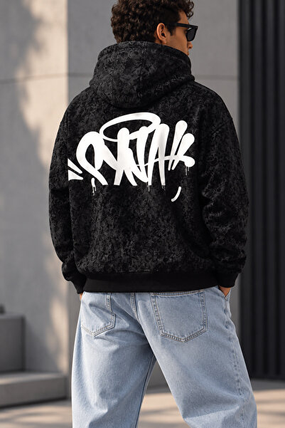 Rubonia Unisex Oversize Yıkamalı Graffiti Baskılı Fermuarlı Kapüşonlu 3 İplik...