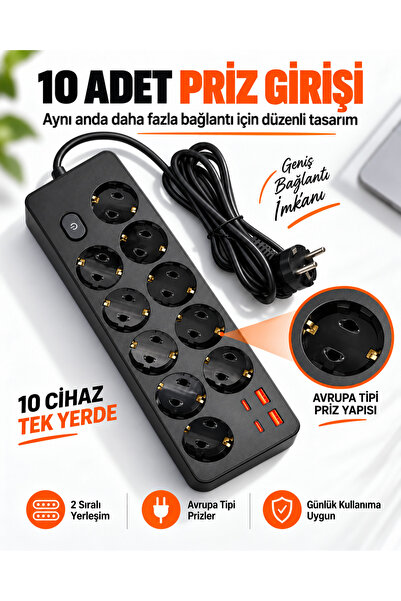 EN SİGA Akım Korumalı Pro Topraklı 10'lu Çoklu Priz 2 USB-C 2 USB-A Çıkışlı 2...