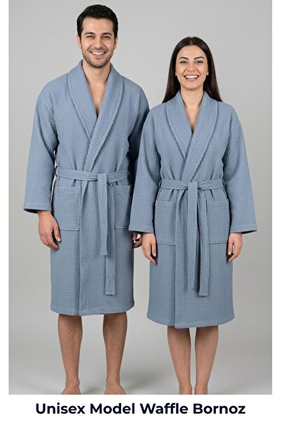 HOME 1961 100% Cotton Unisex Blue Waffle Pique Bathrobe - High Water Absorbency & Soft Shawl Collar Bathrobe - Home1961 Waffle Woven Bathrobe for Men and Women