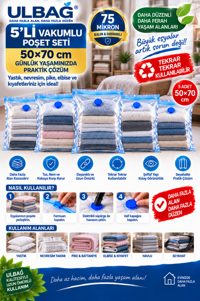 ÜLBAG 5'li Vakumlu Poşet Seti En Küçük Boy 50 Cm X 70 Cm Yastık, Elbise Ve Ba...