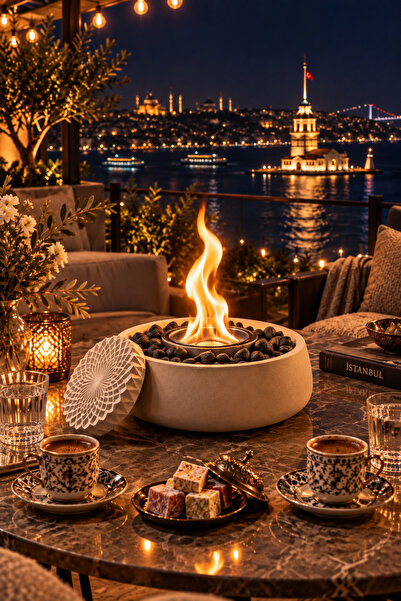 Nevhan Sanat Masa Şöminesi – Modern, Kokusuz ve Siyah Taşlı Set (Şömine Yakıt...