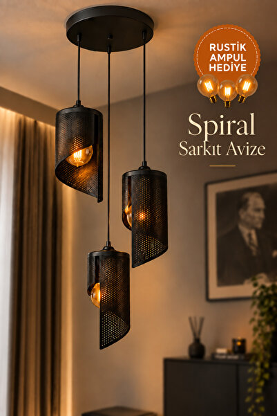 JUTUAL DEKOR 3'lü Spiral Sarkıt Avize Siyah Modern Dekoratif Salon Yemek Masa...