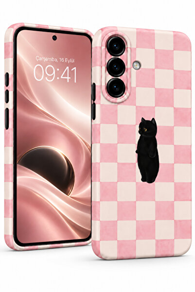 Kipcase Samsung Galaxy S24 Plus Uyumlu Kılıf Pembe Kareli Kedi Desenli Kamera...