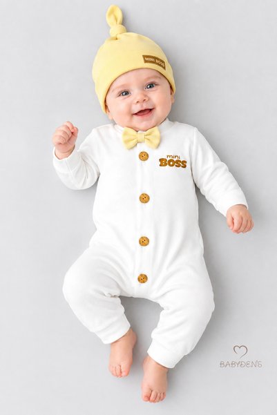 BABYDEN'S Minik Patron Erkek Bebek Düğmeli Tulum ve Bere Seti – Papyonlu,Manş...