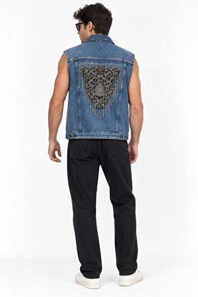 Erkek Denim Yelek İşlemeli