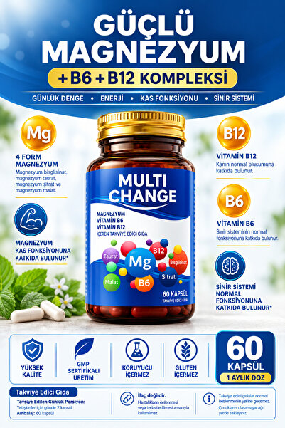 Multi change Magnesium Complex 4X (Bisglycinate, Citrate, Malate, Taurate) + Vitamin B6 and B12 |   60 Capsules