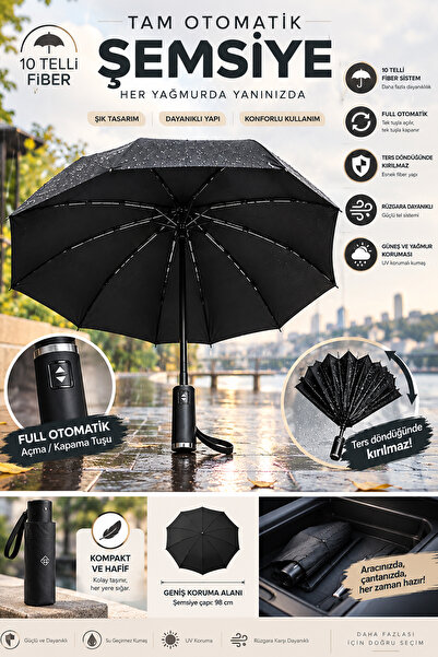 FİTHOME Rüzgarda Kırılmaz Tam Otomatik Fiber Unisex Şemsiye 10 Tel