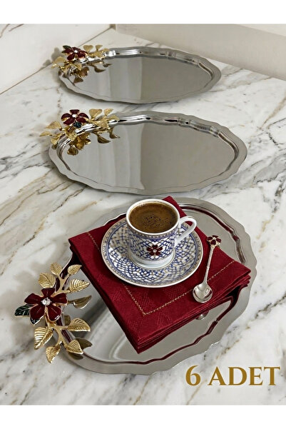 Elzemm store PASLANMAZ ÇELİK OVAL 6 ADET KIRMIZI ÇİÇEKLİ SERVİS VE SUNUM TEPSİSİ