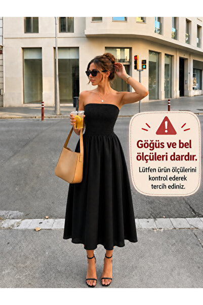 NAVO STUDIO Kadın Straplez Gipeli Beyaz Midi Elbise Yazlık Rahat Kesim Cepli ...