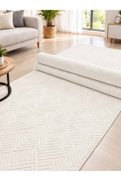 Alya Home Kaymaz Tabanlı Elit Bukle Kesme Salon Koridor Mutfak Halı Krem Yolluk