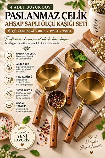 MirzaQ 4lü Büyük Boy Paslanmaz Çelik Ahşap Saplı Gold Ölçü Kaşığı Seti Ölçü K...