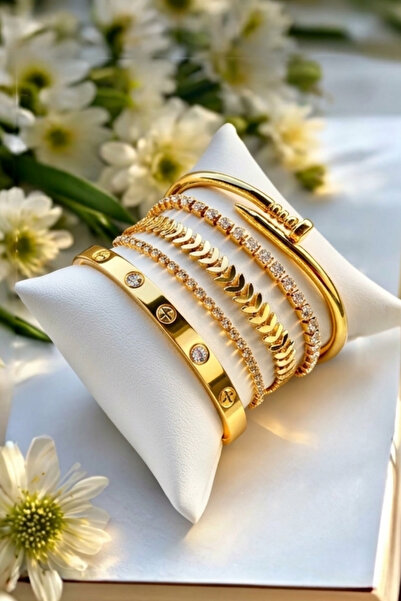 Crc Bijuteri Gold Color 5 Piece Zircon Stone Women's Bracelet Set