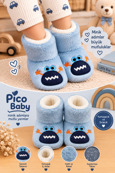 Pico Baby Bebek & Çocuk Kaydırmaz Tabanlı Ev Botu / Panduf / Kışlık Peluş Bot...