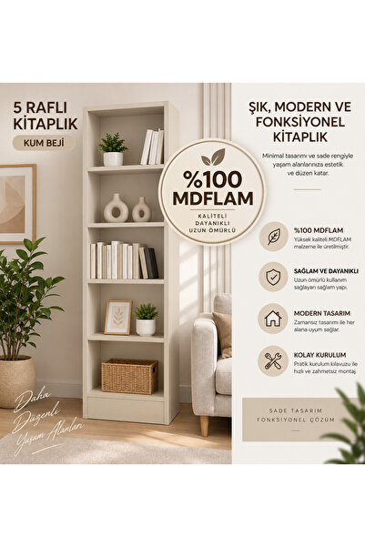 Genel Markalar Modern 5 Raflı Kitaplık %100 MDFLAM 208x53x25,5 cm Çok Amaçlı ...
