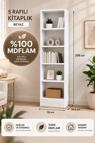 Genel Markalar Modern 5 Raflı Kitaplık %100 MDFLAM 208x53x25,5 cm Çok Amaçlı ...