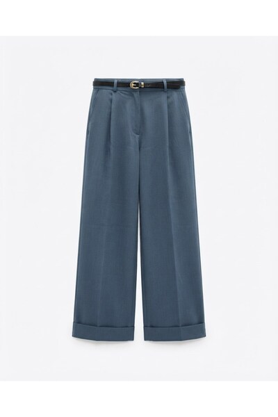 Bade Butik Navy Blue Folded-Cuff Belted Wide-Leg Trousers