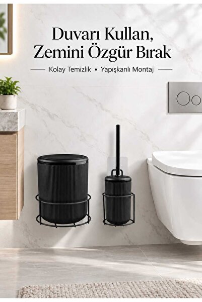 Okyanus Home Siyah Eko Magic Askılı Yuvarlak Mina 2'li Wc Kova Ve Fırça Seti