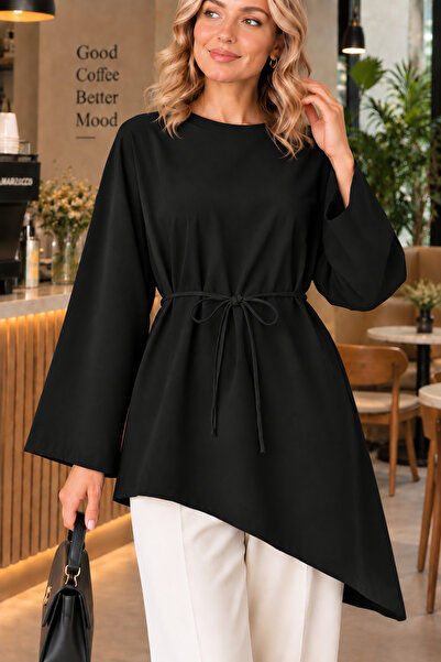 SERAZAT Women's Asymmetrical Cut Belted Tunic Long Sleeve Loose Stylish Blouse